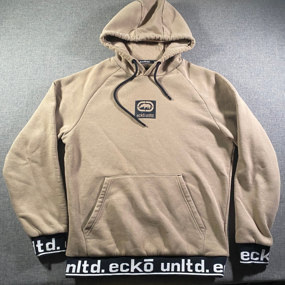 Y2K Ecko Unltd Mens Tan Hoodie Rhino Logo Graphic Pullover Sweatshirt Size S